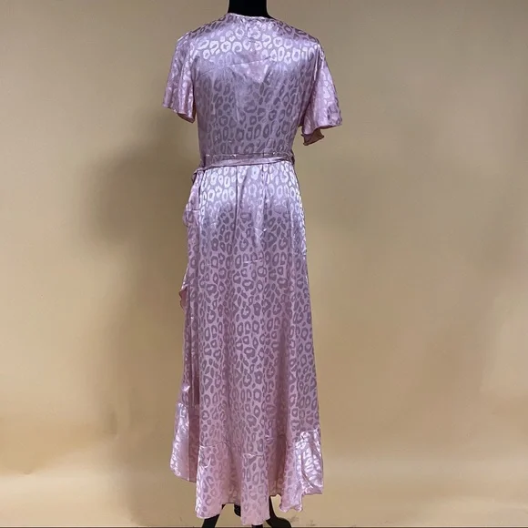 Simplee Dusty Pink Leopard Asymmetrical Ruffle Hem Wrap Belted Satin Dress Sz L - Picture 12 of 14